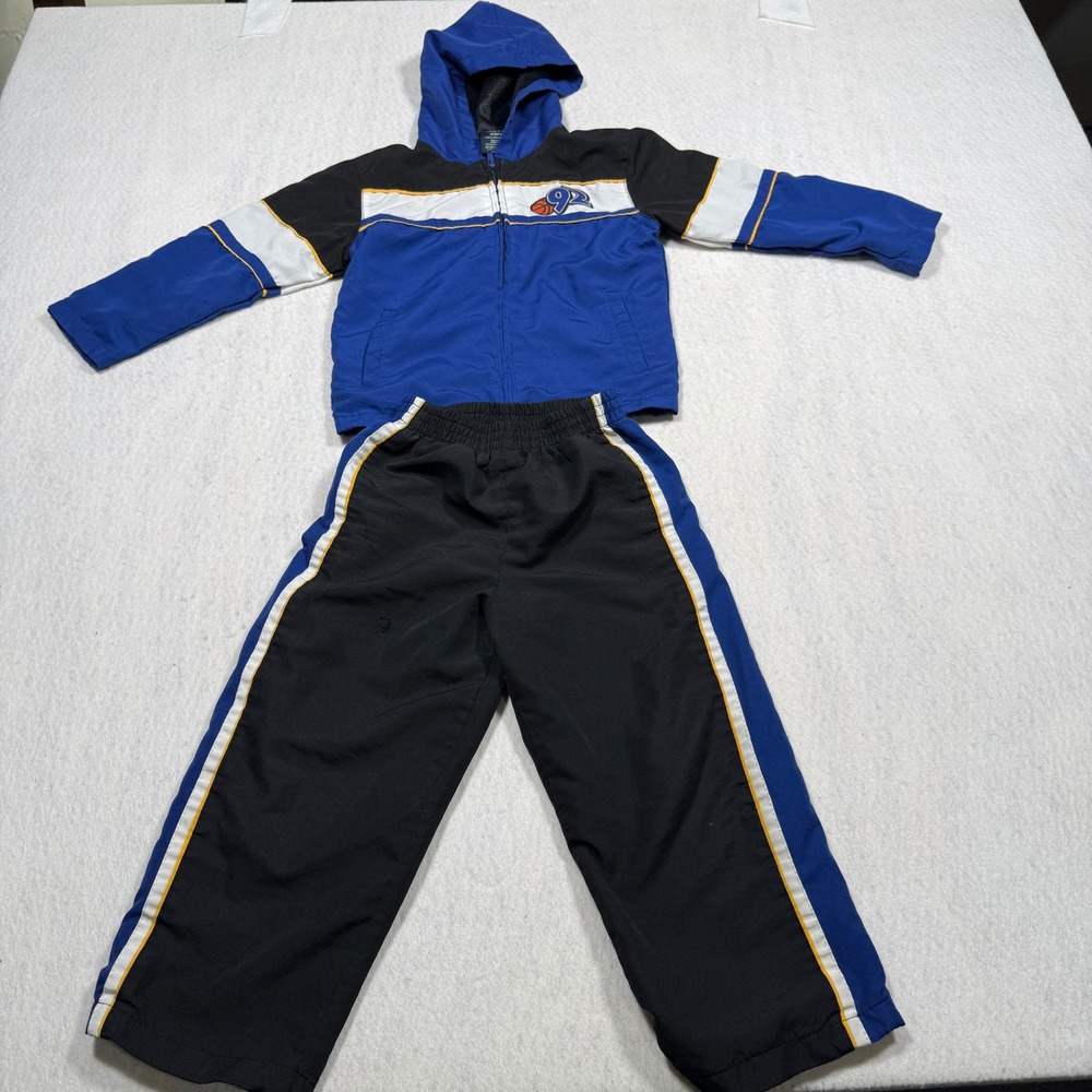Faded Glory Boys 4T Blue Black White Hooded Windbreaker Jacket and Pants Set